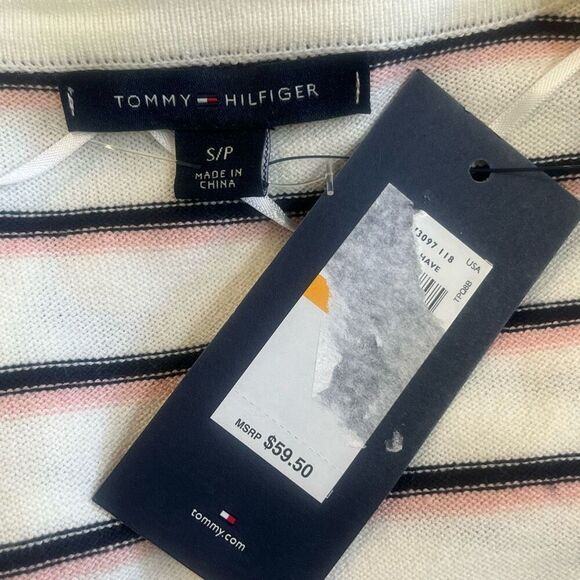 Tommy Hilfiger Woman’s White Pink & Blue Striped Oversized Short Sleeve Sweater - Picture 5 of 7